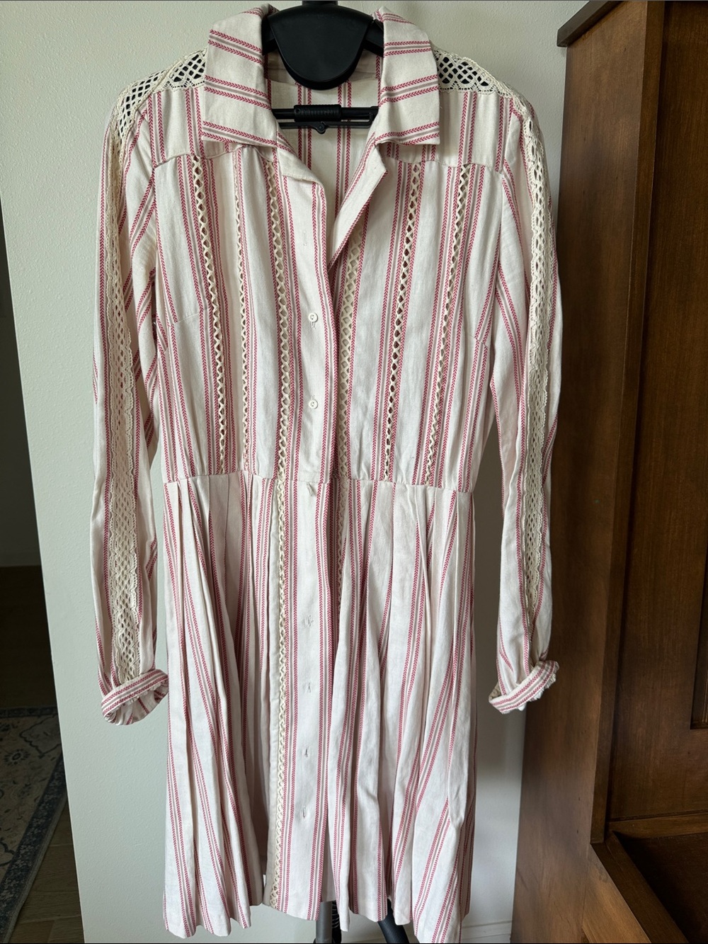 Button-Front Long Sleeve White Dress with Pink Stripes